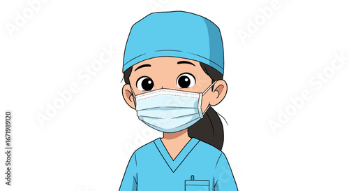 Young female cartoon surgeon in blue scrubs, surgical cap, and protective face mask, with large expressive eyes.