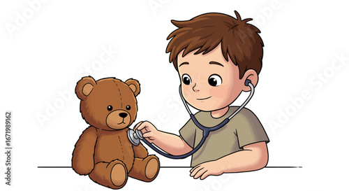 Cartoon boy with brown hair playing doctor, examining a teddy bear with a stethoscope.