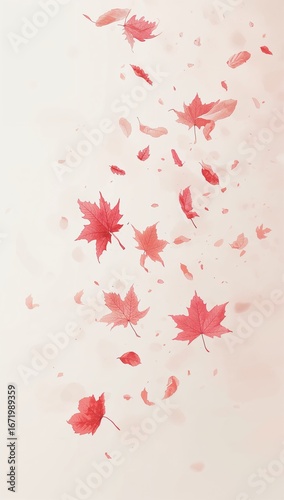 Pastel autumn leaves drifting gracefully through air creating soft floating movement against pale minimalist backdrop