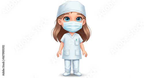 Adorable Cartoon Girl Doctor Wearing Scrubs, Mask, and Cap