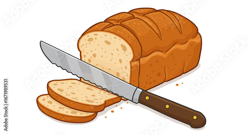 Freshly Baked Loaf of Bread with Sliced Pieces and Knife