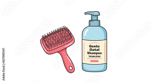 Cartoon pink pet brush and light blue pump bottle of tearless "Gente Oatal Shampoo".