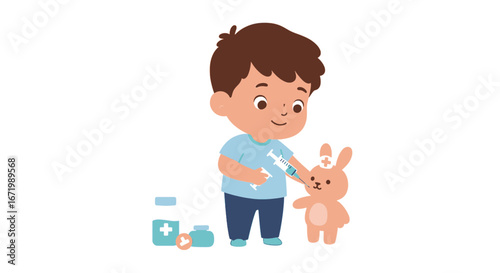 Cute cartoon boy giving injection to a teddy bear with medical supplies