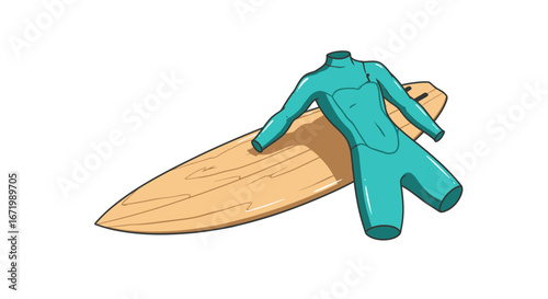 Vibrant teal full-body wetsuit with chest zipper draped over a light brown wooden surfboard, ready for surfing.