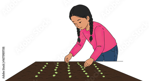 Girl Planting Seeds in a Garden Bed