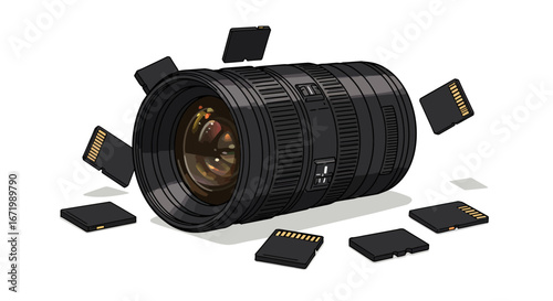 Illustrated Black Camera Zoom Lens Surrounded by Floating SD Memory Cards
