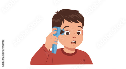 Surprised Boy with Freckles Using a Blue Ear Thermometer
