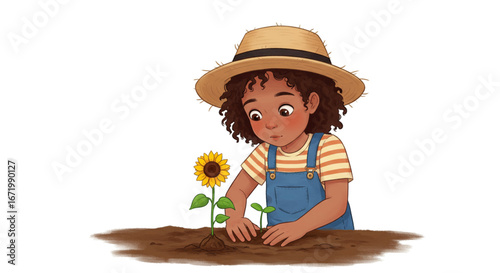 A curious young girl with curly hair and a straw hat carefully planting a sunflower in the soil.