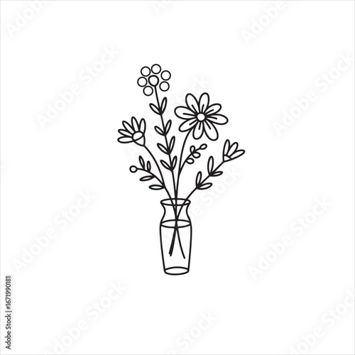 Flowers in bottle vase hand drawn line sketch floral illustration design.