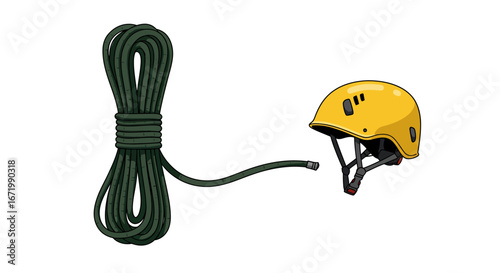 Illustrated rock climbing gear set with a coiled dark green rope and a yellow safety helmet.