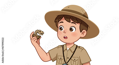 Curious cartoon boy in safari hat holding a small dinosaur skeleton fossil, wide-eyed.