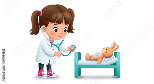 Little Girl Doctor Examining Plush Bunny Patient with Stethoscope