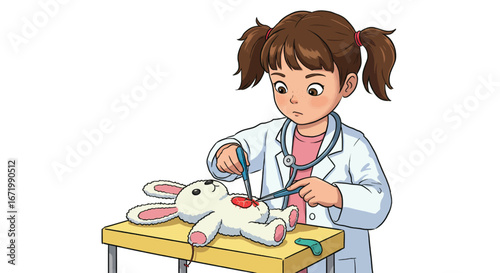 Focused cartoon girl with pigtails in a doctor's coat performing pretend surgery on a stuffed rabbit toy.