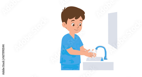 Cartoon Boy Washing Hands with Soap Under a Blue Faucet