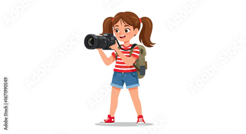 Smiling cartoon girl photographer holding camera with lens, wearing striped shirt, shorts, and backpack.