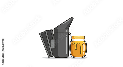 Vector Illustration of Beekeeping Tools: Smoker, Bellows, and Honey Jar