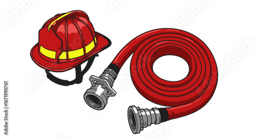 Red Firefighter Helmet and Coiled Fire Hose with Silver Nozzles Illustration