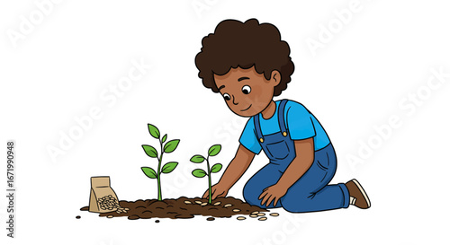 Illustrated boy with dark skin and curly hair carefully planting seeds in a garden.