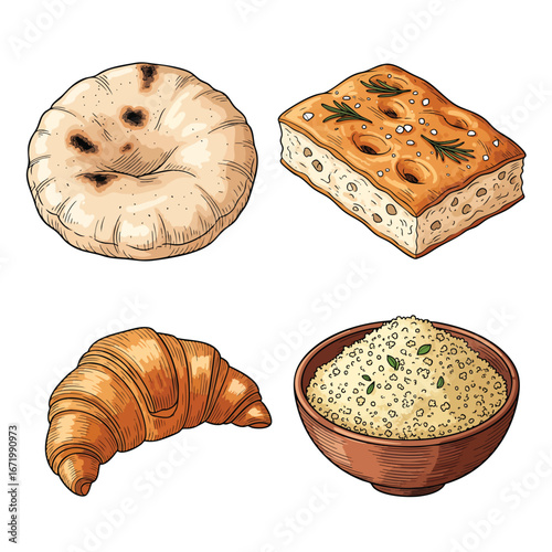 A handdrawn collection of staple foods pita bread focaccia croissant and a bowl of rice.