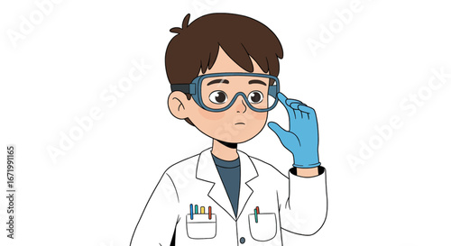 Cartoon Scientist with Goggles and Gloves, Wearing Lab Coat, Posing.