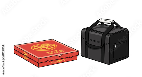 Red Pizza Delivery Box with Illustrated Pizza and Black Insulated Delivery Bag