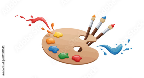 Colorful Artist's Palette with Paintbrushes and Splashes