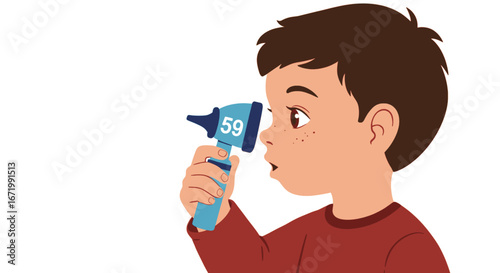 Young Boy Examining with Otoscope, Medical Checkup, Cartoon Illustration.