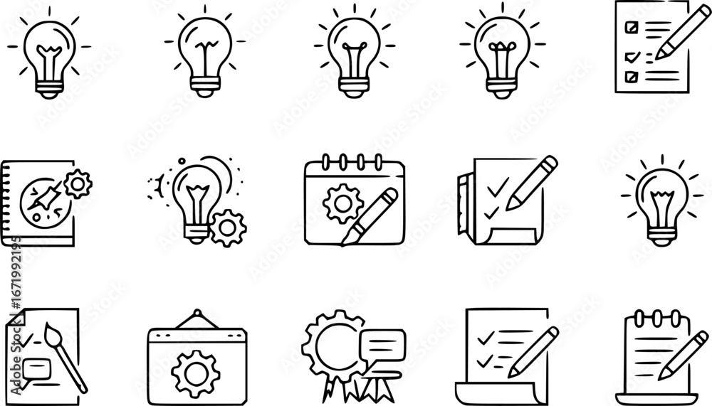 Fototapeta premium Creativity line editable icon set. Containing Creative, idea, design, imagination, innovation, inspiration, originality, and more. Editable stroke. Vector illustration