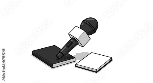 Black microphone with white windscreen resting on black and white books