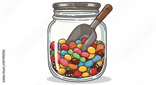 Vibrant cartoon glass jar brimming with assorted colorful candies and a metal serving scoop.