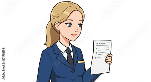 Smiling blonde cartoon woman in blue suit holding a 'Reading List' document, professional vector illustration.