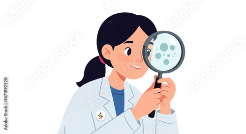 Scientist Examining Cells Through a Magnifying Glass in Lab Coat