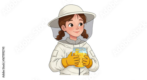 Smiling cartoon girl beekeeper in white suit, yellow gloves, holding a jar of golden honeycomb honey.