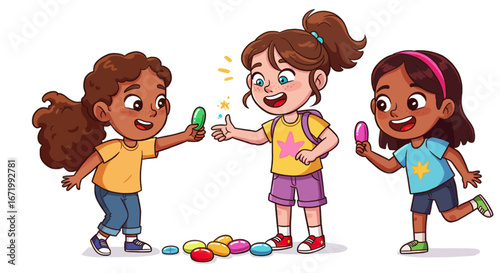 Three diverse children sharing colorful candies and treats