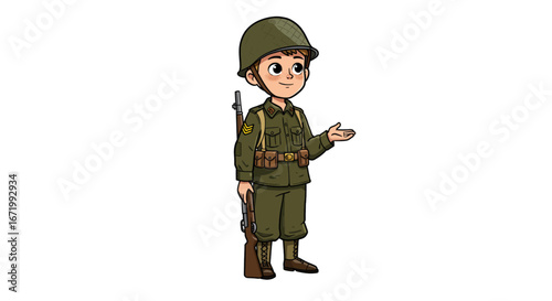 Cartoon Soldier in Olive Green Uniform with Rifle and Helmet