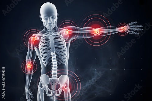 Medical illustration of a human skeleton with glowing red areas indicating pain and inflammation in the joints of the arm shoulder elbow and wrist highlighting musculoskeletal issues
