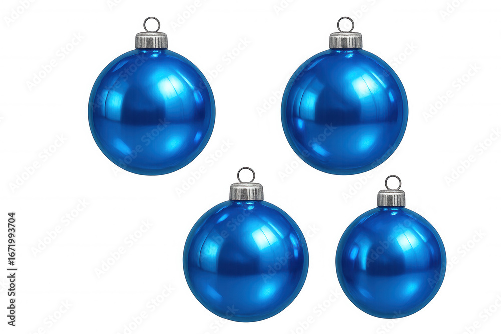 Glossy blue christmas ornaments suspended, reflecting festive light against transparent background Glossy blue christmas ornaments suspended, reflecting festive light against transparent background