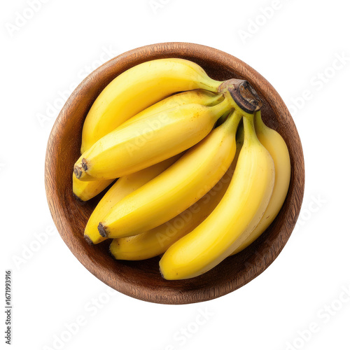 Bunch of Bananas from Top View in Wooden Bowl Isolated on Transparent Background