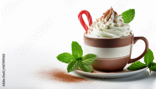 creamy peppermint hot chocolate with whipped cream mint leaves and candy cane on white background