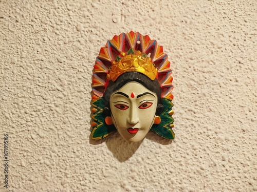 Traditional balinese mask on a textured wall. Close-up of a vibrant, hand-painted Balinese mask, an ornamental souvenir showcasing traditional Indonesian culture.
