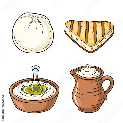 Handdrawn illustration set of various dairy products like mozzarella grilled cheese yogurt and cream.