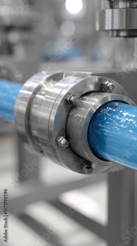 Close up of industrial metal pipe with blue coating in factory setting