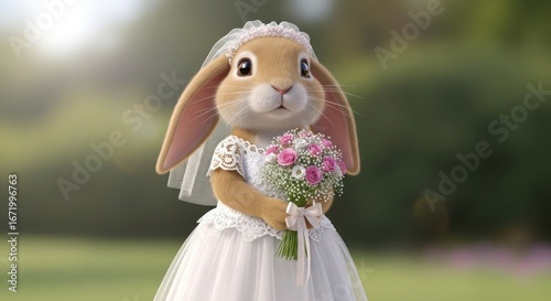 A cute, cartoon rabbit wearing a wedding dress, veil, and holding a bouquet of flowers, set outdoors in a park-like setting