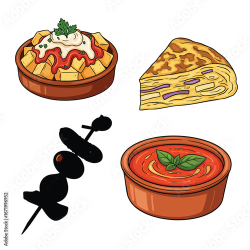 Illustrated set of classic Spanish tapas dishes patatas bravas tortilla gazpacho and olives.