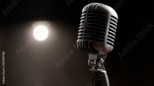 Vintage microphone with spotlight in background, creating dramatic effect