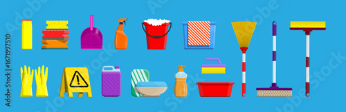Collection of various cleaning supplies and tools for home or office sanitation. Hygiene maintenance houseware set flat style.