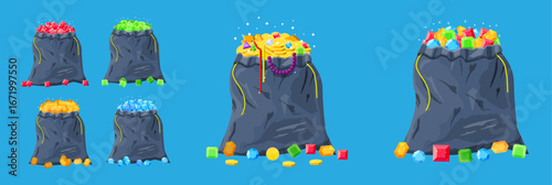Treasure bags with colorful gems and gold coins. Wealth and riches concept with valuable jewels in a flat style illustration.