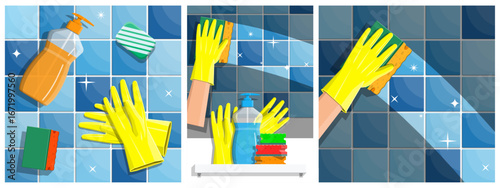 Collection of hands in yellow gloves cleaning bathroom tile. Housekeeping detergent and cleaning sponges. Home cleaning service concept.