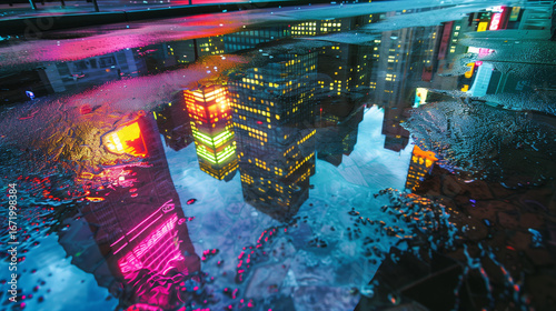 Rain falling on wet asphalt at night, creating reflections of city lights and buildings, with puddles and glistening surfaces, capturing a calm urban atmosphere