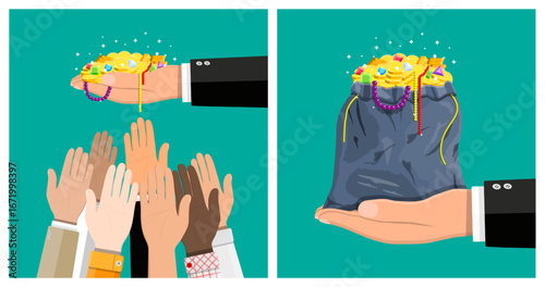 Man giving pile of coins, gems, and beads to hands reaching up. Concept of generosity, gift, charity, and wealth distribution.